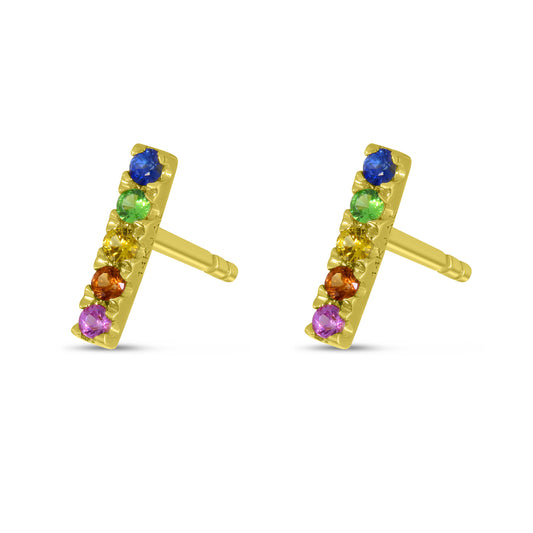 14K Yellow Gold Rainbow Sapphire Bar Stud Earrings