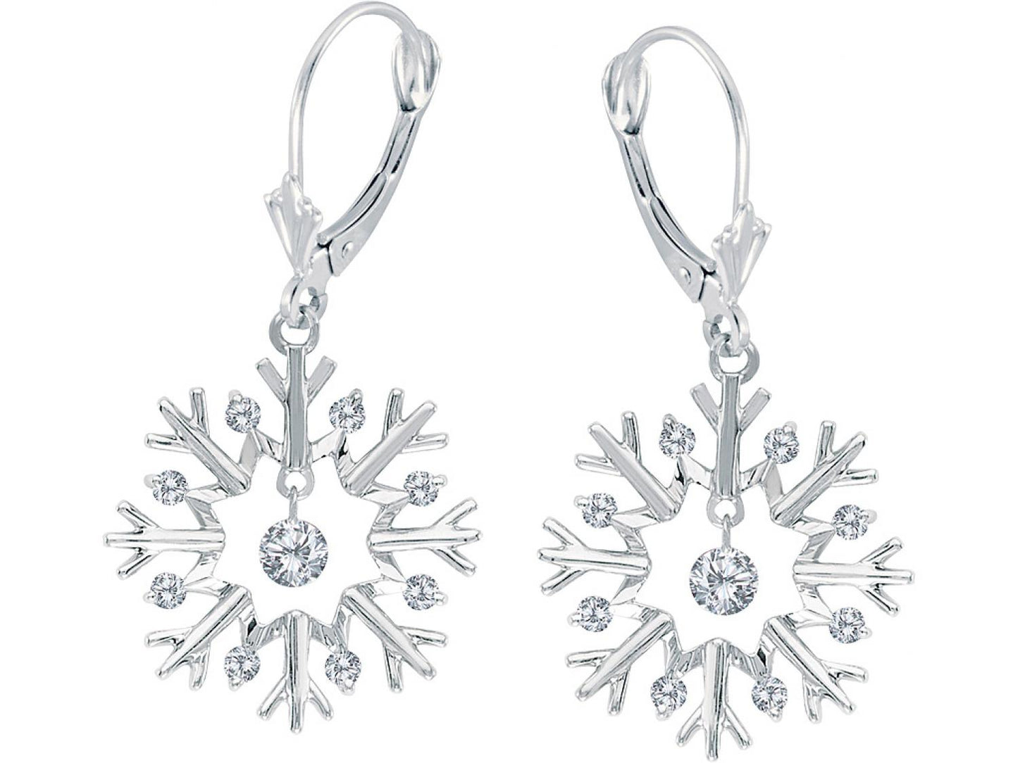 14K White Gold Diamond Dashing Diamonds Snowflake Dangle Earrings