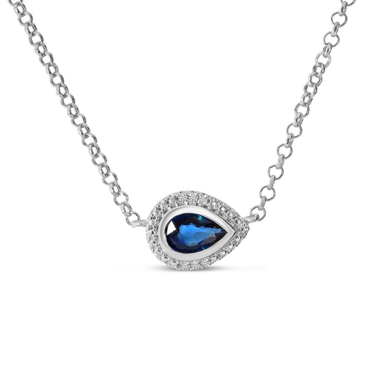 14K White Gold Sapphire Pear and Diamond Halo Necklace