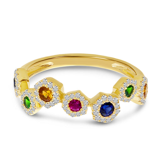 14K Yellow Gold Zigzag Rainbow Sapphire and Diamond Hexagon Ring