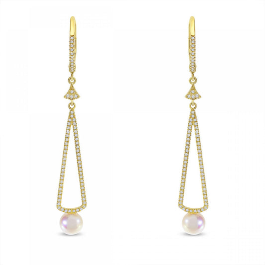 14K Yellow Gold Pearl and Diamond Dangle Earrings