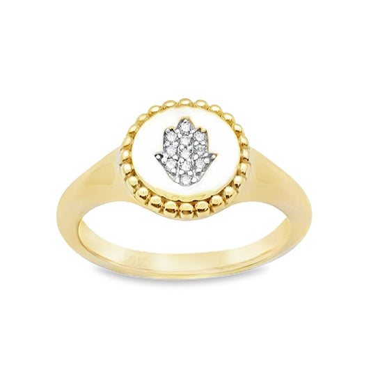 14K Yellow Gold Hand Of Hamsa Diamond Signet Ring