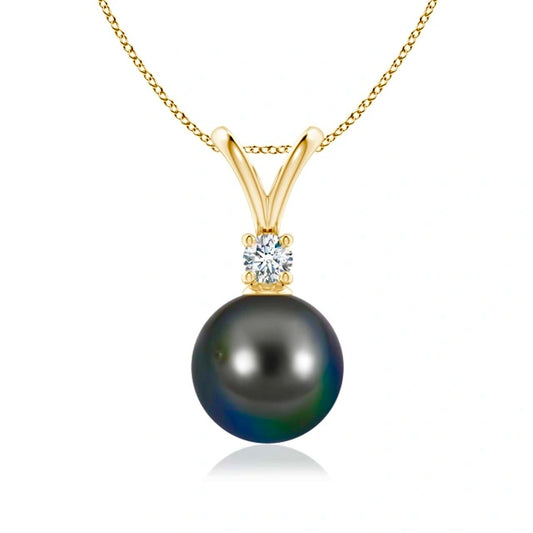 14K Yellow Gold Tahitian Pearl Diamond V-Bale Pendant Necklace