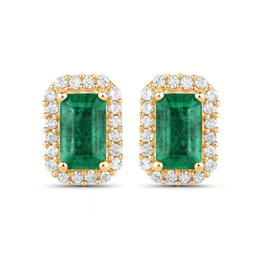 14K Yellow Gold Halo Emerald and Diamond Earrings
