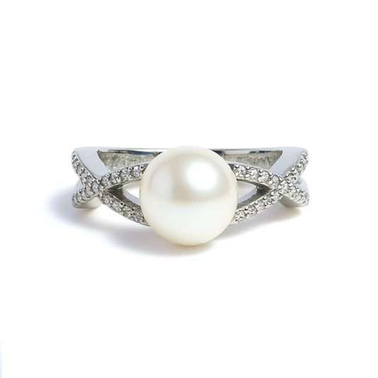 14K White Gold Pearl and Diamond Ring