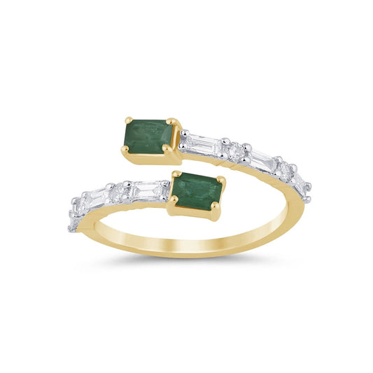 14K Yellow Gold Emerald and Diamond Bypass Ring