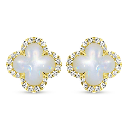 14K Yellow Gold Mother of Pearl and Diamond Clover Earrings