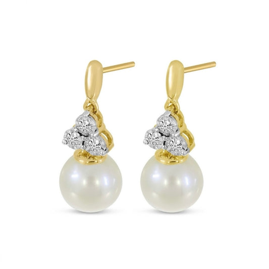 14K Yellow Gold Pearl and Diamond Triangle Post Earrings