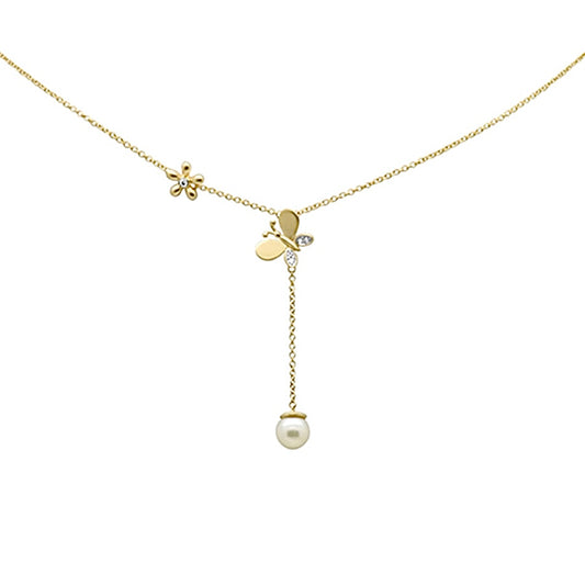 14K Yellow Gold Diamond Butterfly Pearl Pendant Necklace