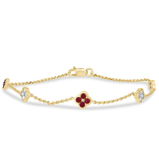 14K Yellow Gold Ruby and Diamond Flower Bracelet