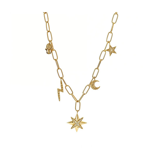 14K Yellow Gold Diamond Charm Paperclip Necklace