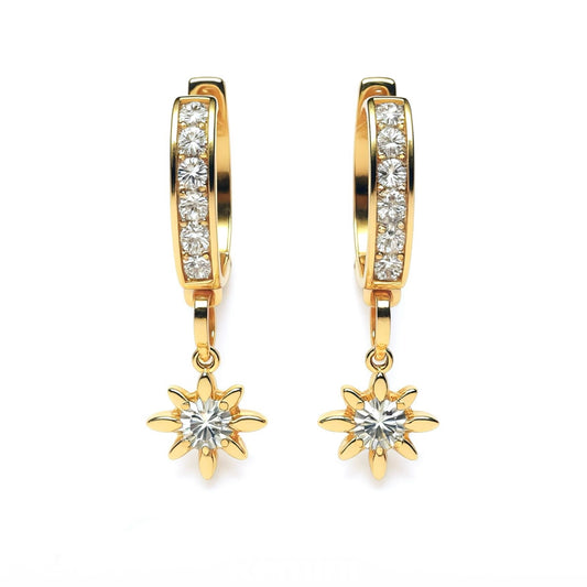 14K Yellow Gold Diamond Star Dangle Huggie Earrings