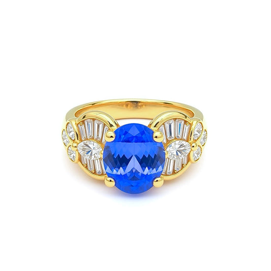 18K Yellow Gold Certified Tanzanite and Diamond Ring