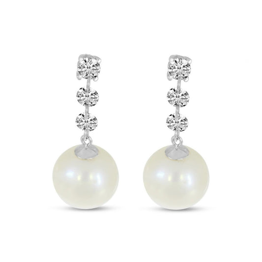 14K White Gold Dashing Diamond Three Stone Drop Pearl Earrings