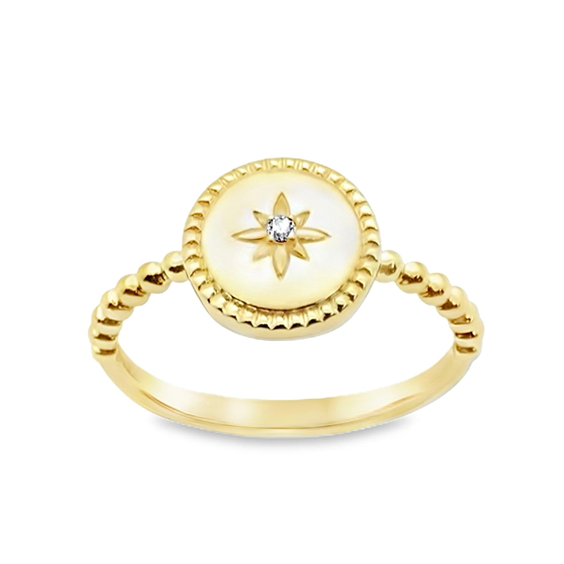 14K Yellow Gold Diamond Star Milgrain Ring