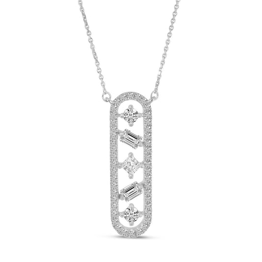14K White Gold Baguette and Princess Diamond Bar Fashion Necklace