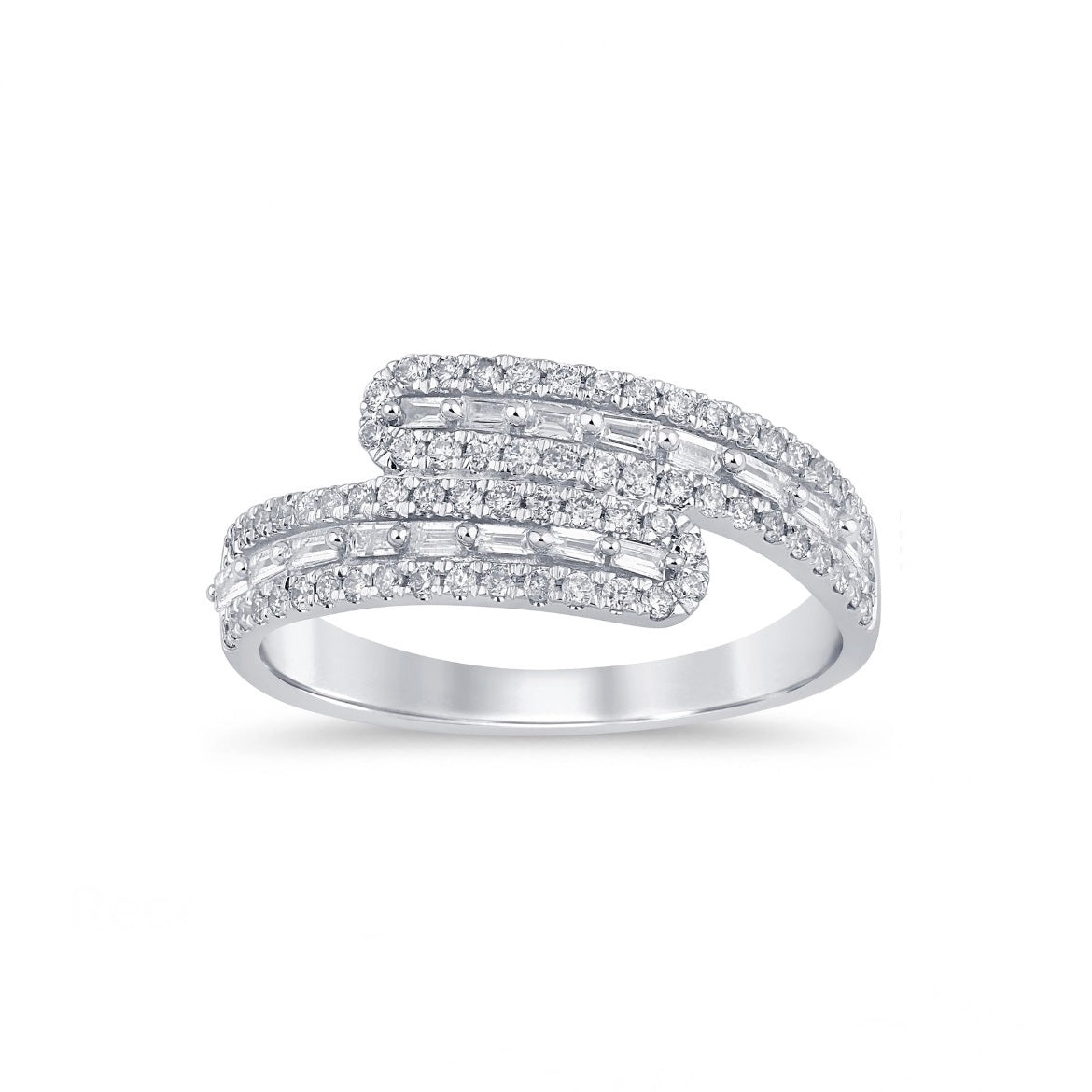 14K White Gold Round and Baguette Diamond Bypass Ring