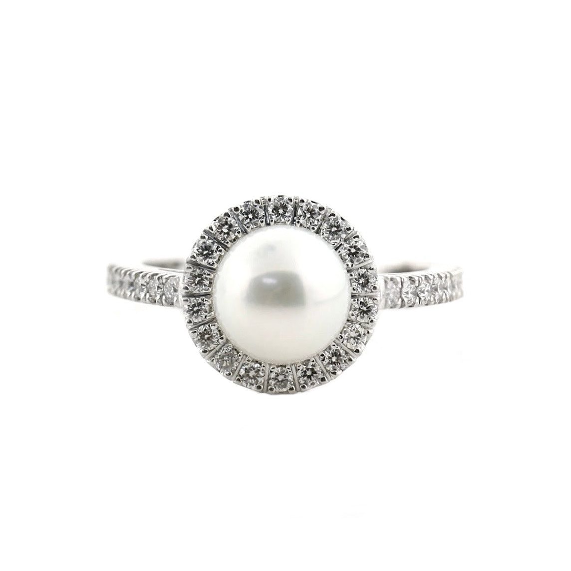 14K White Gold Pearl and Diamond Halo Ring