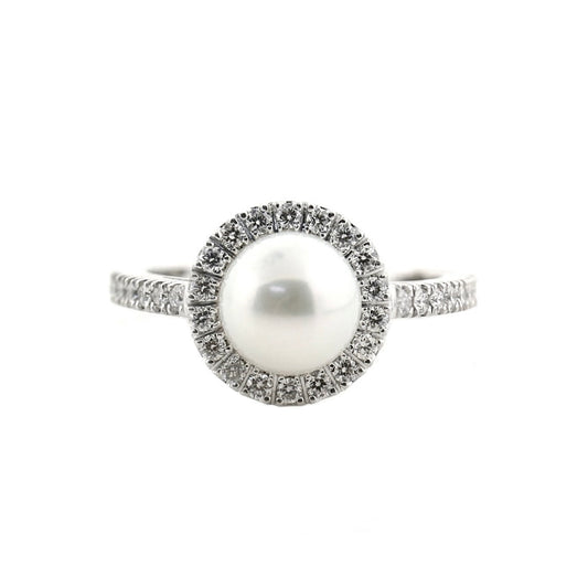 14K White Gold Pearl and Diamond Halo Ring