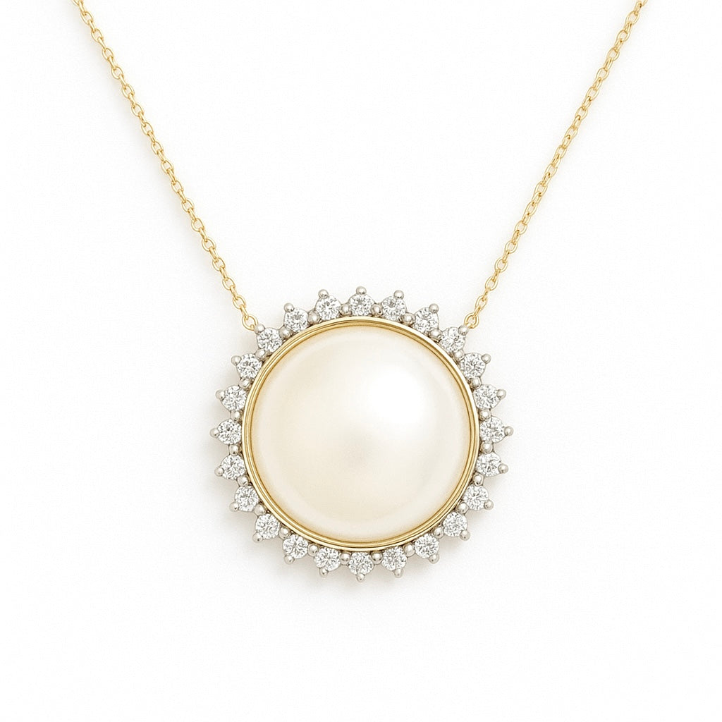 14K Yellow Gold Mabe Pearl and Diamond Pendant Necklace