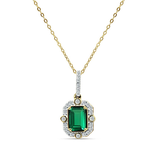 14K Yellow Gold Emerald and Diamond Halo Pendant Necklace