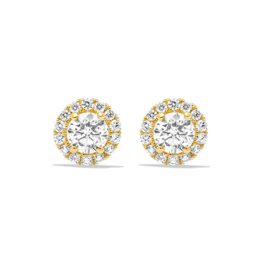 18K Yellow Gold Round Halo Diamond Stud Earrings