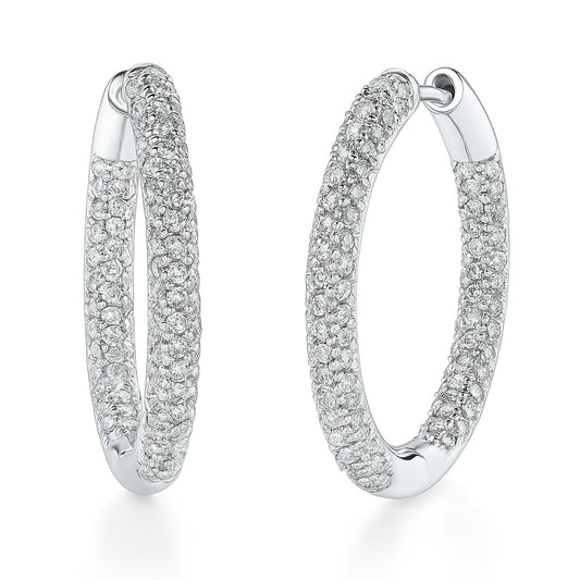 14K White Gold Inside Outside Pave Diamond Hoop Earrings