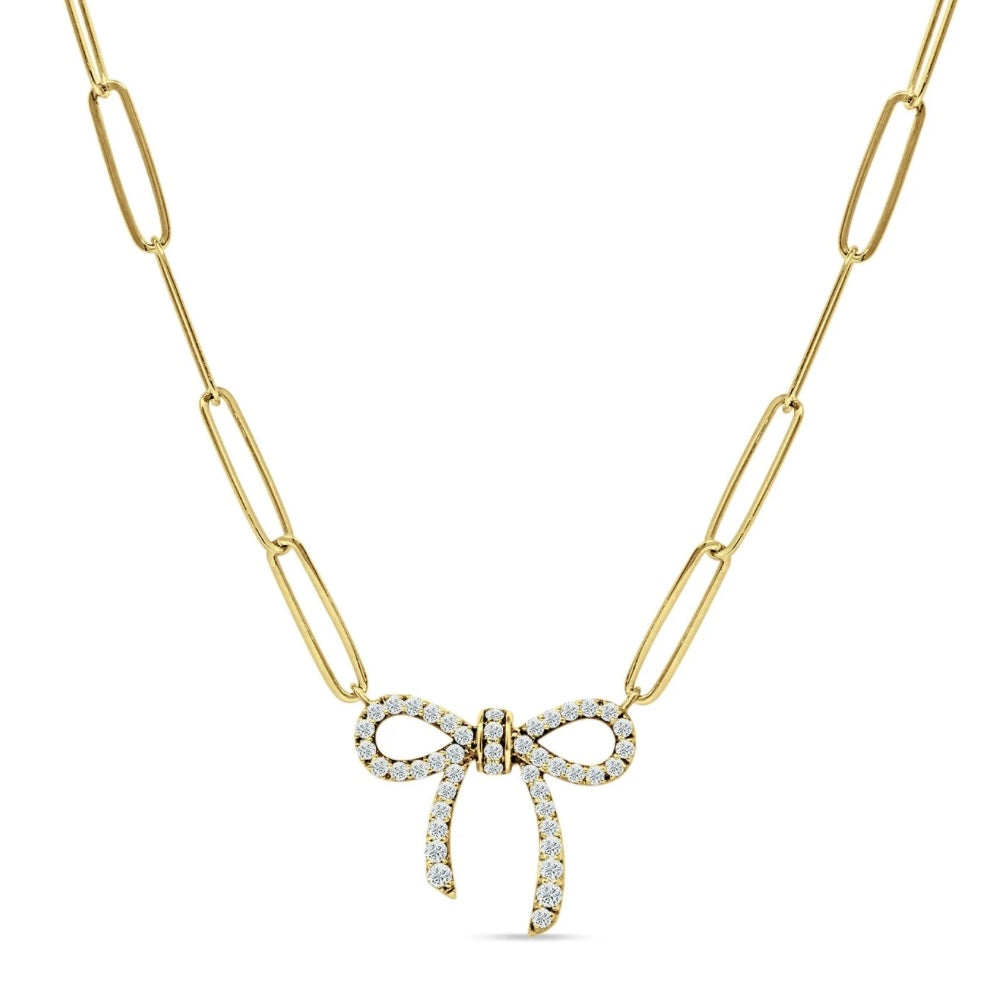 14K Yellow Gold Ribbon Bow Diamond Paperclip Chain Necklace