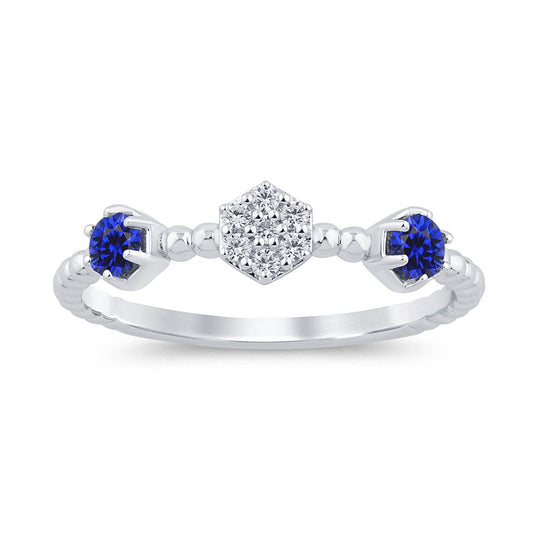 14K White Gold Sapphire and Diamond Beaded Ring