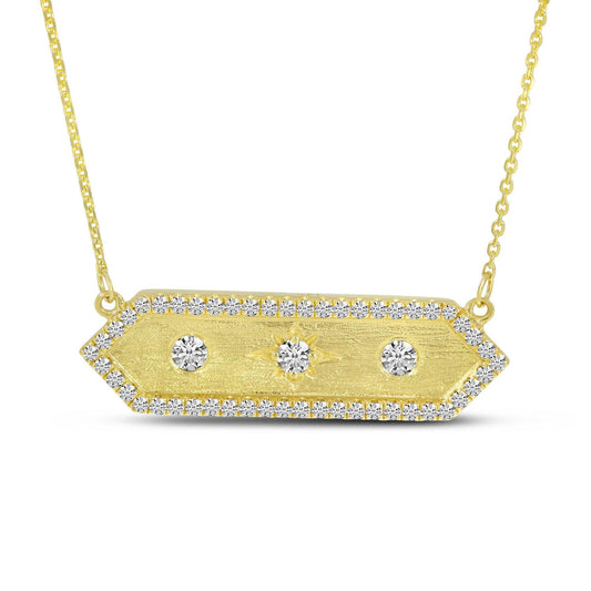 14K Yellow Gold Diamond Halo Brushed Hexagon Bar Necklace