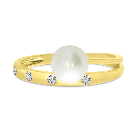 14K Yellow Gold Brushed Diamond and Pearl Ring