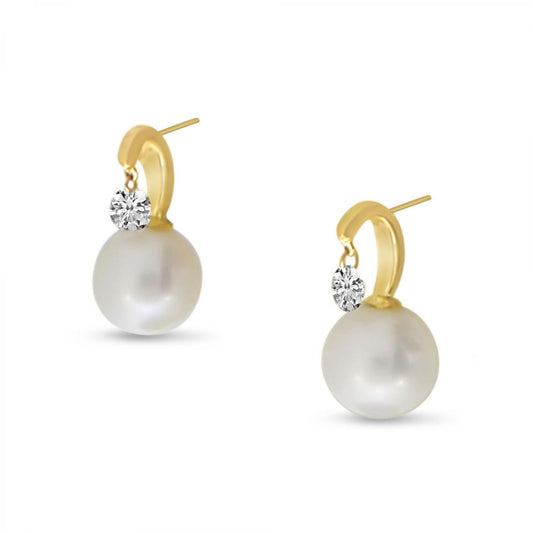 14K Yellow Gold Dashing Diamond Pearl Post Earrings