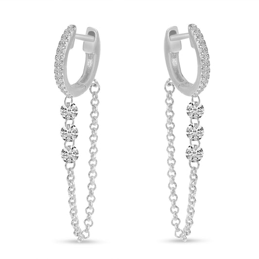 14K Yellow Gold Dashing Diamond Triple Diamond Chain Huggie Earrings