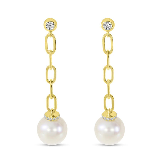 14K Yellow Gold Diamond and Pearl Link Dangle Earrings