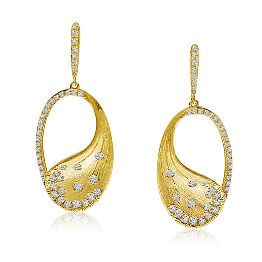 14K Yellow Gold Oval Diamond Dangle Brushed Earrings