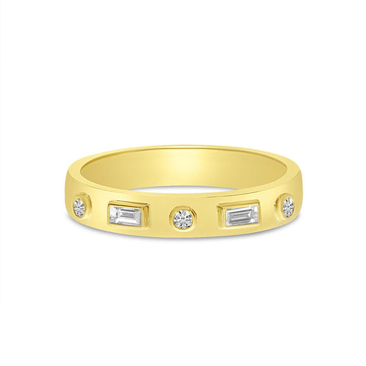 14K Yellow Gold Round and Baguette Diamond Band