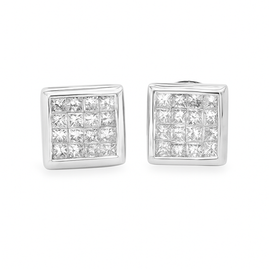 14K White Gold Square Diamond Fashion Earrings