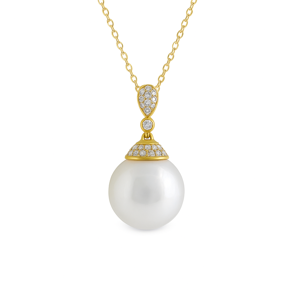 18K Yellow Gold South Sea Pearl and Diamond Drop Pendant Necklace