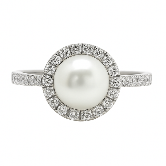 14K White Gold Pearl and Diamond Halo Ring