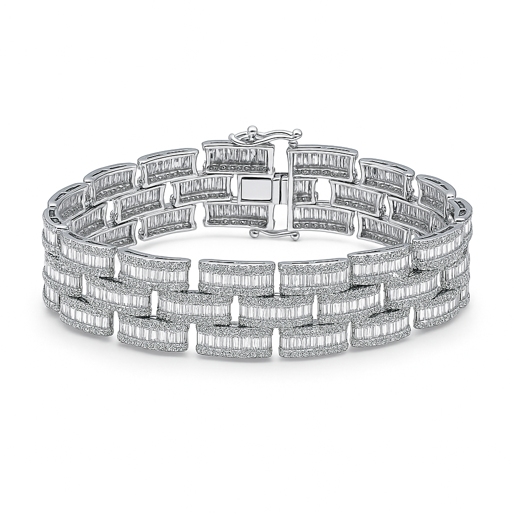 14K White Gold Round and Baguette Diamond Bracelet