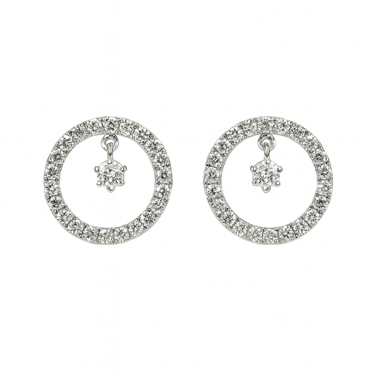14K White Gold Pave Diamond Drop Circle Earrings