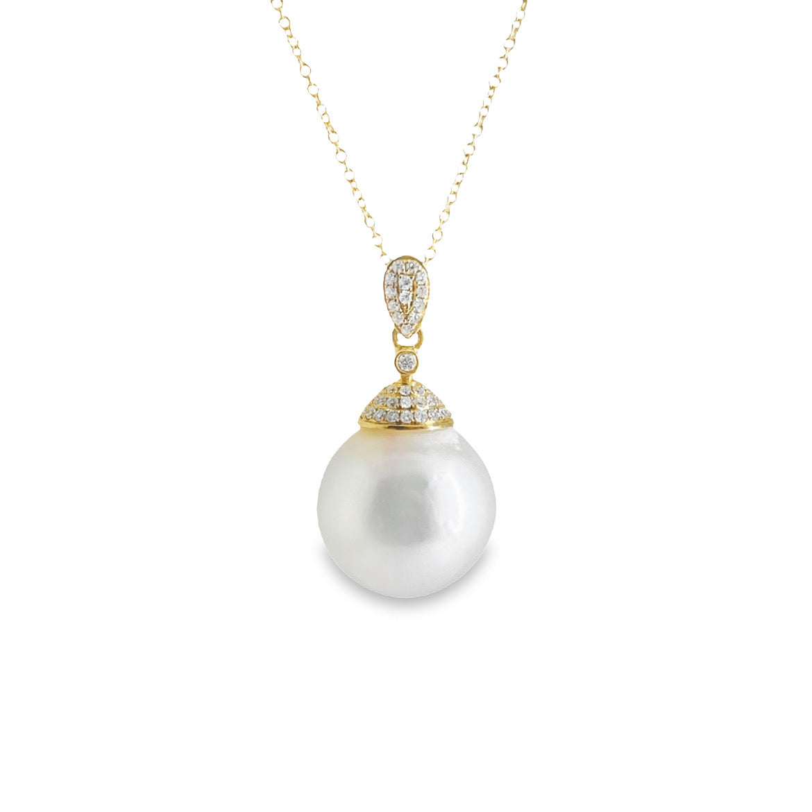 18K Yellow Gold South Sea Pearl and Diamond Drop Pendant Necklace