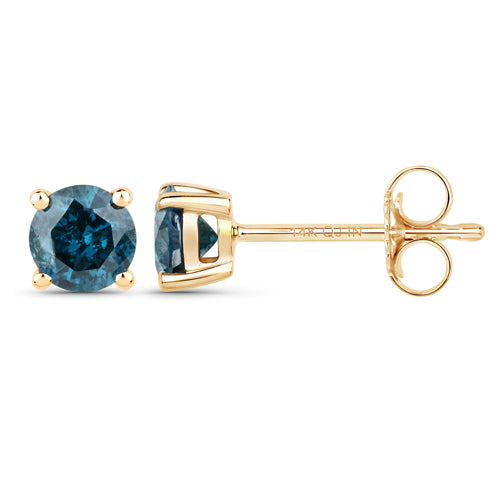 14K Gold Round Fancy Blue Diamond Stud Earrings
