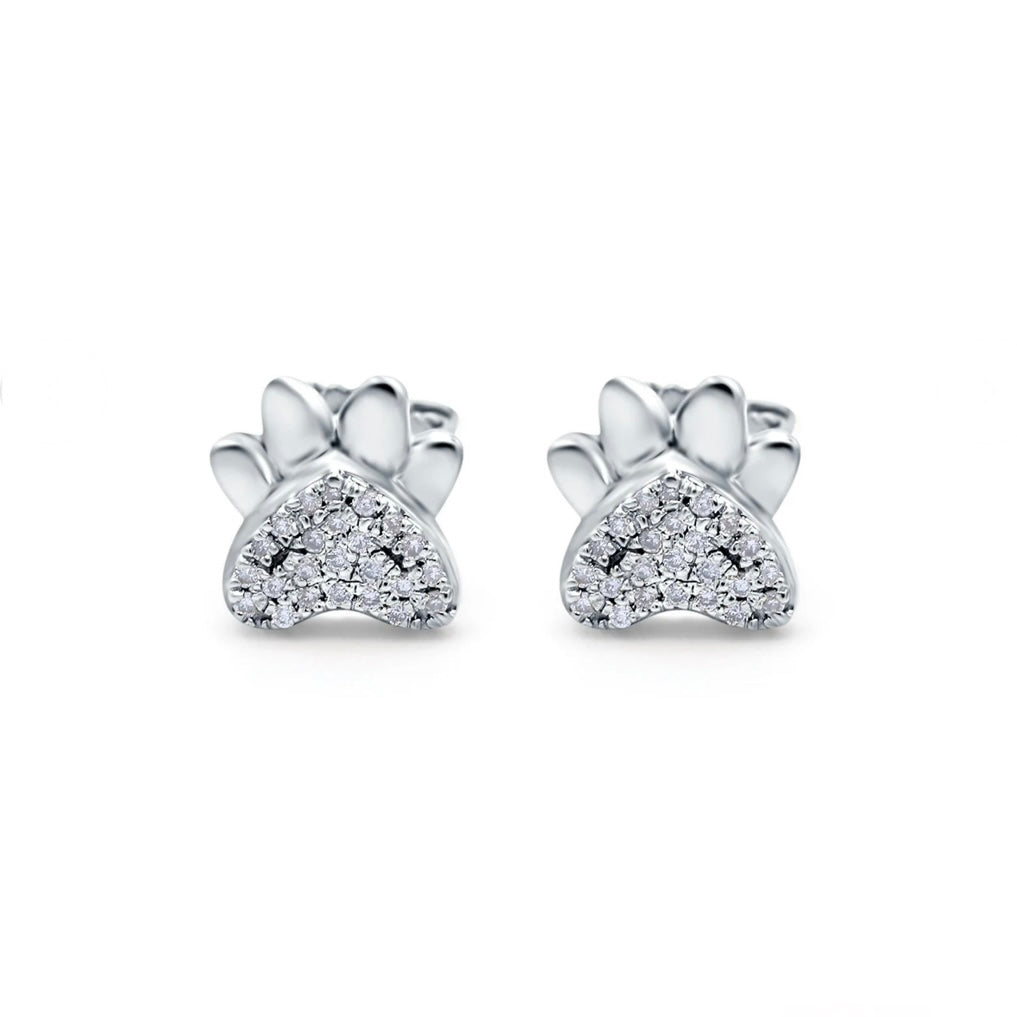14K Gold Cute Paw Print Diamond Stud Earrings