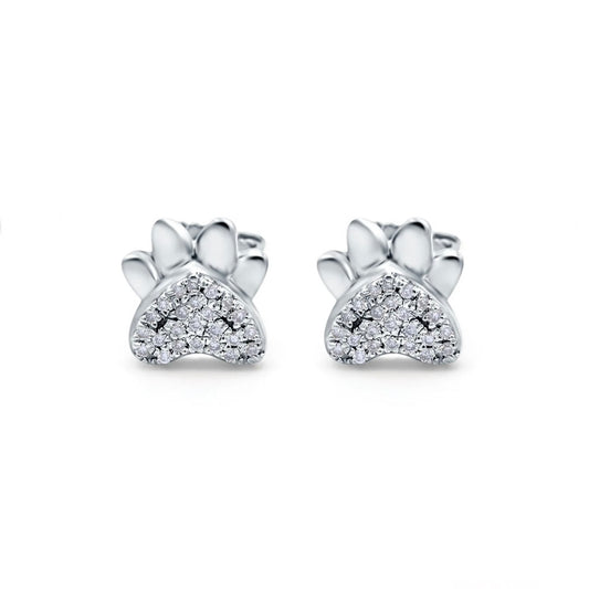 14K Gold Cute Paw Print Diamond Stud Earrings