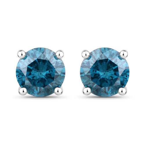 14K Gold Round Fancy Blue Diamond Stud Earrings
