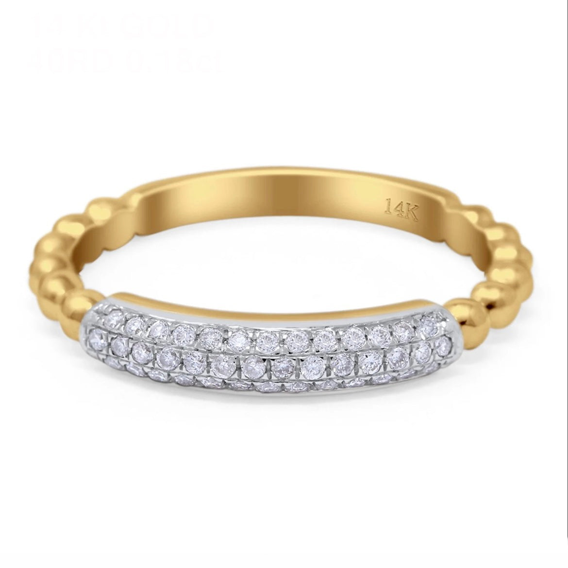 14K Gold Pave Diamond Beaded Shank Wedding Ring