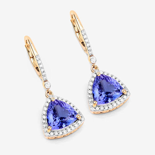 14K Gold Halo Tanzanite and Diamond Dangle Earrings