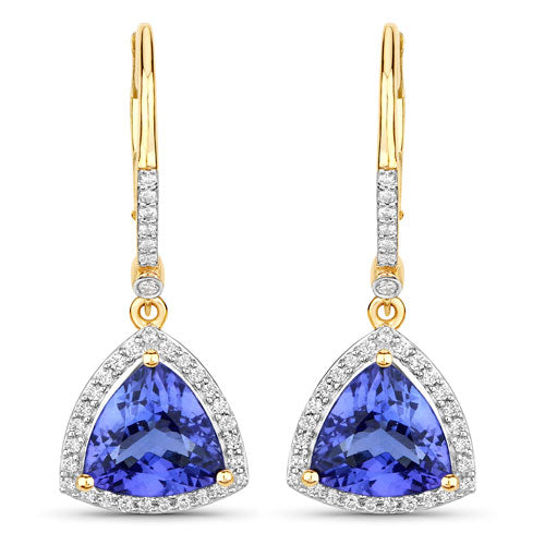 14K Gold Halo Tanzanite and Diamond Dangle Earrings
