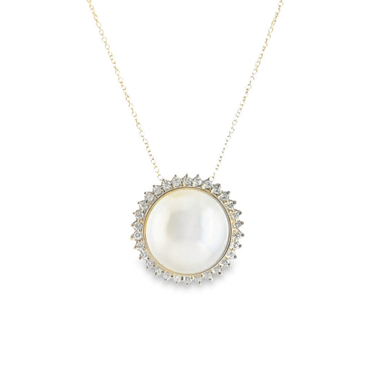 14K Yellow Gold Mabe Pearl and Diamond Pendant Necklace
